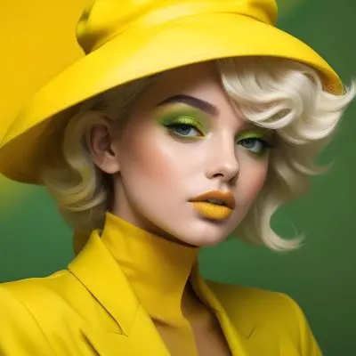 A Young Woman With Fair Skin And Platinum Blonde Hair Styled In Soft Waves She Is Wearing A Bright Yellow Oversized Hat And A Matching Yellow Outfit Her Makeup Features Bold Green Eyeshadow Accentuating Her Striking 55 2674