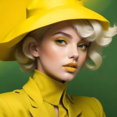 A Young Woman With Fair Skin And Platinum Blonde Hair Styled In Soft Waves She Is Wearing A Bright Yellow Oversized Hat And A Matching Yellow Outfit Her Makeup Features Bold Green Eyeshadow Accentuating Her Striking 56 A443