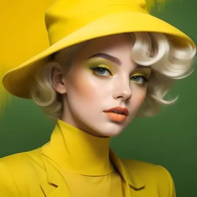 A Young Woman With Fair Skin And Platinum Blonde Hair Styled In Soft Waves She Is Wearing A Bright Yellow Oversized Hat And A Matching Yellow Outfit Her Makeup Features Bold Green Eyeshadow Accentuating Her Striking 58 49e9