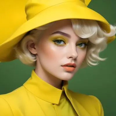 A Young Woman With Fair Skin And Platinum Blonde Hair Styled In Soft Waves She Is Wearing A Bright Yellow Oversized Hat And A Matching Yellow Outfit Her Makeup Features Bold Green Eyeshadow Accentuating Her Striking 59 3deb