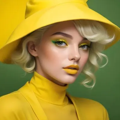 A Young Woman With Fair Skin And Platinum Blonde Hair Styled In Soft Waves She Is Wearing A Bright Yellow Oversized Hat And A Matching Yellow Outfit Her Makeup Features Bold Green Eyeshadow Accentuating Her Striking 6 91a6