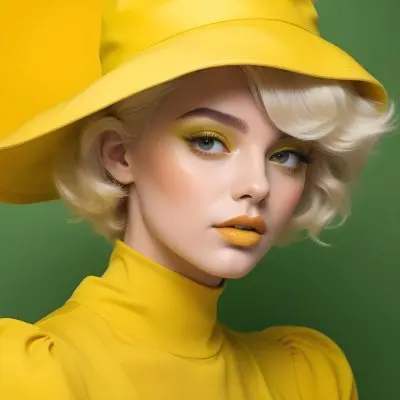 A Young Woman With Fair Skin And Platinum Blonde Hair Styled In Soft Waves She Is Wearing A Bright Yellow Oversized Hat And A Matching Yellow Outfit Her Makeup Features Bold Green Eyeshadow Accentuating Her Striking 62 D55e