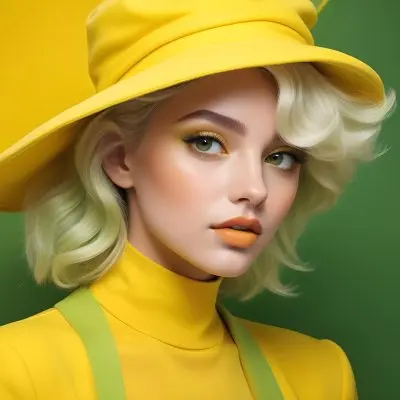 A Young Woman With Fair Skin And Platinum Blonde Hair Styled In Soft Waves She Is Wearing A Bright Yellow Oversized Hat And A Matching Yellow Outfit Her Makeup Features Bold Green Eyeshadow Accentuating Her Striking 64 89f0