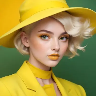 A Young Woman With Fair Skin And Platinum Blonde Hair Styled In Soft Waves She Is Wearing A Bright Yellow Oversized Hat And A Matching Yellow Outfit Her Makeup Features Bold Green Eyeshadow Accentuating Her Striking 66 Eb3f