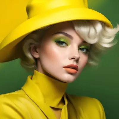 A Young Woman With Fair Skin And Platinum Blonde Hair Styled In Soft Waves She Is Wearing A Bright Yellow Oversized Hat And A Matching Yellow Outfit Her Makeup Features Bold Green Eyeshadow Accentuating Her Striking 67 25fa