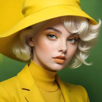 A Young Woman With Fair Skin And Platinum Blonde Hair Styled In Soft Waves She Is Wearing A Bright Yellow Oversized Hat And A Matching Yellow Outfit Her Makeup Features Bold Green Eyeshadow Accentuating Her Striking 69 942f