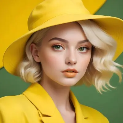 A Young Woman With Fair Skin And Platinum Blonde Hair Styled In Soft Waves She Is Wearing A Bright Yellow Oversized Hat And A Matching Yellow Outfit Her Makeup Features Bold Green Eyeshadow Accentuating Her Striking 7 9185