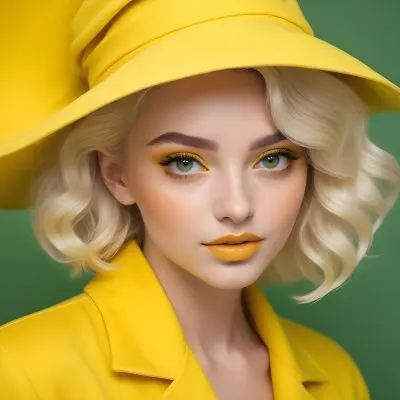 A Young Woman With Fair Skin And Platinum Blonde Hair Styled In Soft Waves She Is Wearing A Bright Yellow Oversized Hat And A Matching Yellow Outfit Her Makeup Features Bold Green Eyeshadow Accentuating Her Striking 8 01bf