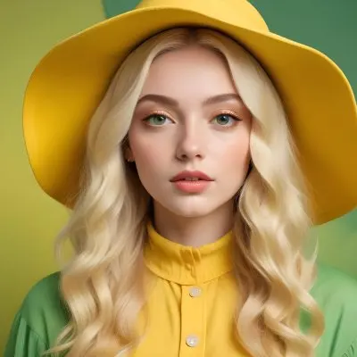 A Young Woman With Fair Skin And Platinum Blonde Hair Styled In Soft Waves She Is Wearing A Bright Yellow Oversized Hat And A Matching Yellow Outfit Her Makeup Features Bold Green Eyeshadow Accentuating Her Striking 9 Deaa