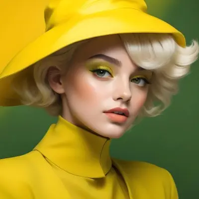 A Young Woman With Fair Skin And Platinum Blonde Hair Styled In Soft Waves She Is Wearing A Bright Yellow Oversized Hat And A Matching Yellow Outfit Her Makeup Features Bold Green Eyeshadow Accentuating Her Striking 9d32