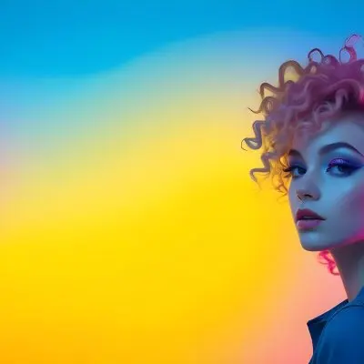 A Young Woman With Fair Skin And Vibrant Curly Hair That Transitions From Pink To Blonde She Has A Striking Profile With Bold Makeup Accentuating Her Features The Background Features A Gradient Of Blue A 10 A231