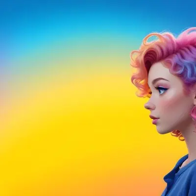 A Young Woman With Fair Skin And Vibrant Curly Hair That Transitions From Pink To Blonde She Has A Striking Profile With Bold Makeup Accentuating Her Features The Background Features A Gradient Of Blue A 17 Abcd