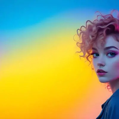 A Young Woman With Fair Skin And Vibrant Curly Hair That Transitions From Pink To Blonde She Has A Striking Profile With Bold Makeup Accentuating Her Features The Background Features A Gradient Of Blue A 40 17d9