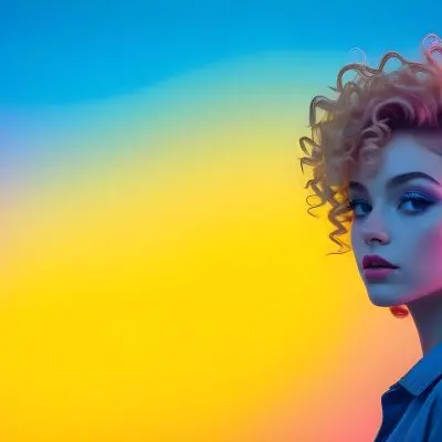 A Young Woman With Fair Skin And Vibrant Curly Hair That Transitions From Pink To Blonde She Has A Striking Profile With Bold Makeup Accentuating Her Features The Background Features A Gradient Of Blue A 48 3bcf
