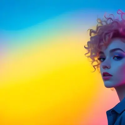 A Young Woman With Fair Skin And Vibrant Curly Hair That Transitions From Pink To Blonde She Has A Striking Profile With Bold Makeup Accentuating Her Features The Background Features A Gradient Of Blue A 53 B743