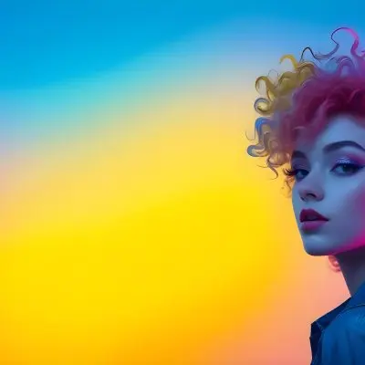 A Young Woman With Fair Skin And Vibrant Curly Hair That Transitions From Pink To Blonde She Has A Striking Profile With Bold Makeup Accentuating Her Features The Background Features A Gradient Of Blue A 54 552a