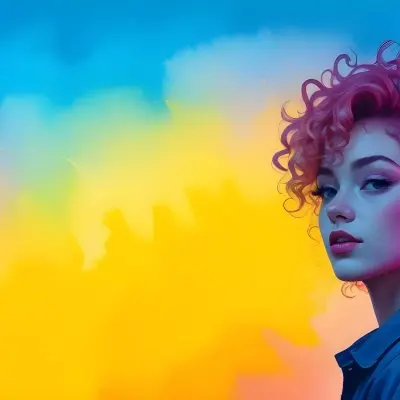 A Young Woman With Fair Skin And Vibrant Curly Hair That Transitions From Pink To Blonde She Has A Striking Profile With Bold Makeup Accentuating Her Features The Background Features A Gradient Of Blue A 84 B53c