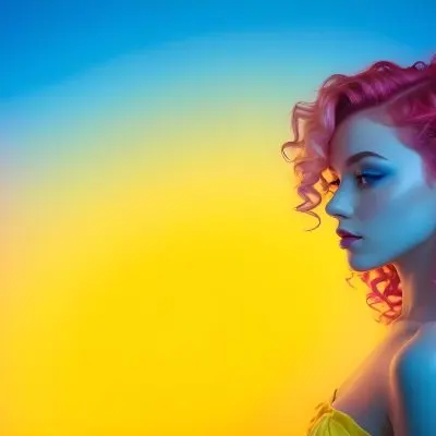 A Young Woman With Fair Skin And Vibrant Curly Hair That Transitions From Pink To Blonde She Has A Striking Profile With Bold Makeup Accentuating Her Features The Background Features A Gradient Of Blue A 87 Aa91