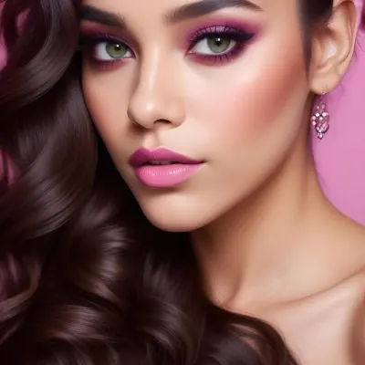 A Young Woman With Light Brown Skin And Long Wavy Dark Brown Hair Adorned With A Pink Flower She Has Striking Green Eyes Bold Makeup Featuring Dark Purple Eyeshadow And Soft Pink Lips The Background Is A Gradient 9 86ba