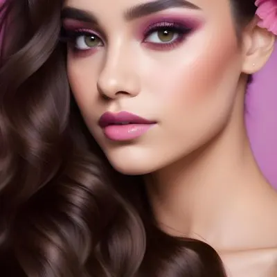 A Young Woman With Light Brown Skin And Long Wavy Dark Brown Hair Adorned With A Pink Flower She Has Striking Green Eyes Bold Makeup Featuring Dark Purple Eyeshadow And Soft Pink Lips The Background Is A Gradient O 1 C3b7
