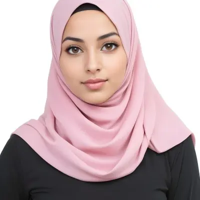 A Young Woman With Light Brown Skin Dark Brown Eyes And Long Dark Hair Wearing A Pink Hijab 8 919a