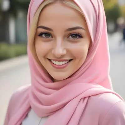 A Young Woman With Light Brown Skin Wearing A Pink Hijab And Smiling At The Camera 1 828d