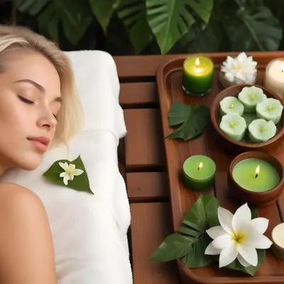 A Young Woman With Light Skin And Blonde Hair Eyes Closed Relaxing On A Spa Table She Has A White Flower Tucked Behind Her Ear In The Foreground There Is A Wooden Tray Containing Green Candles A Bar Of Soap And A 10 Cd53
