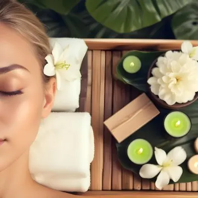 A Young Woman With Light Skin And Blonde Hair Eyes Closed Relaxing On A Spa Table She Has A White Flower Tucked Behind Her Ear In The Foreground There Is A Wooden Tray Containing Green Candles A Bar Of Soap And A 12 D08a