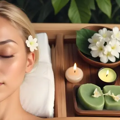 A Young Woman With Light Skin And Blonde Hair Eyes Closed Relaxing On A Spa Table She Has A White Flower Tucked Behind Her Ear In The Foreground There Is A Wooden Tray Containing Green Candles A Bar Of Soap And A 13 02d3