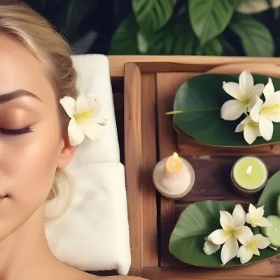 A Young Woman With Light Skin And Blonde Hair Eyes Closed Relaxing On A Spa Table She Has A White Flower Tucked Behind Her Ear In The Foreground There Is A Wooden Tray Containing Green Candles A Bar Of Soap And A 15 552c