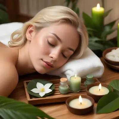 A Young Woman With Light Skin And Blonde Hair Eyes Closed Relaxing On A Spa Table She Has A White Flower Tucked Behind Her Ear In The Foreground There Is A Wooden Tray Containing Green Candles A Bar Of Soap And A 17 86f2