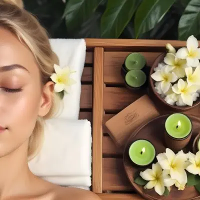 A Young Woman With Light Skin And Blonde Hair Eyes Closed Relaxing On A Spa Table She Has A White Flower Tucked Behind Her Ear In The Foreground There Is A Wooden Tray Containing Green Candles A Bar Of Soap And A 19 8a13