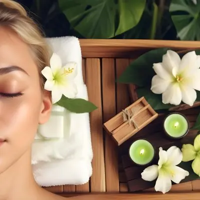 A Young Woman With Light Skin And Blonde Hair Eyes Closed Relaxing On A Spa Table She Has A White Flower Tucked Behind Her Ear In The Foreground There Is A Wooden Tray Containing Green Candles A Bar Of Soap And A 20 E369
