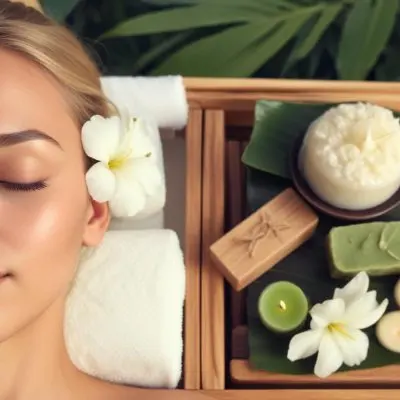 A Young Woman With Light Skin And Blonde Hair Eyes Closed Relaxing On A Spa Table She Has A White Flower Tucked Behind Her Ear In The Foreground There Is A Wooden Tray Containing Green Candles A Bar Of Soap And A 3 4aea