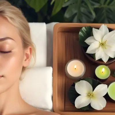 A Young Woman With Light Skin And Blonde Hair Eyes Closed Relaxing On A Spa Table She Has A White Flower Tucked Behind Her Ear In The Foreground There Is A Wooden Tray Containing Green Candles A Bar Of Soap And A 5 Bdfc