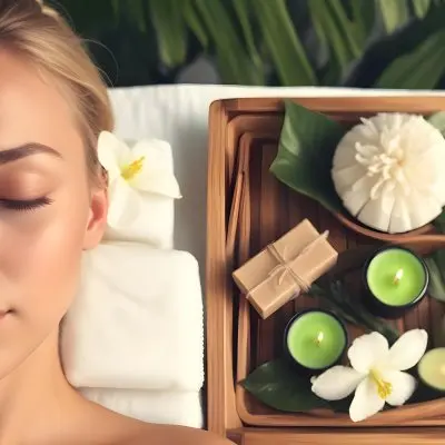 A Young Woman With Light Skin And Blonde Hair Eyes Closed Relaxing On A Spa Table She Has A White Flower Tucked Behind Her Ear In The Foreground There Is A Wooden Tray Containing Green Candles A Bar Of Soap And A 7 261d
