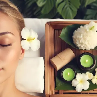 A Young Woman With Light Skin And Blonde Hair Eyes Closed Relaxing On A Spa Table She Has A White Flower Tucked Behind Her Ear In The Foreground There Is A Wooden Tray Containing Green Candles A Bar Of Soap And A 8 7f3b