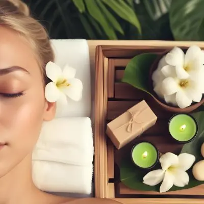 A Young Woman With Light Skin And Blonde Hair Eyes Closed Relaxing On A Spa Table She Has A White Flower Tucked Behind Her Ear In The Foreground There Is A Wooden Tray Containing Green Candles A Bar Of Soap And A 9 8a89