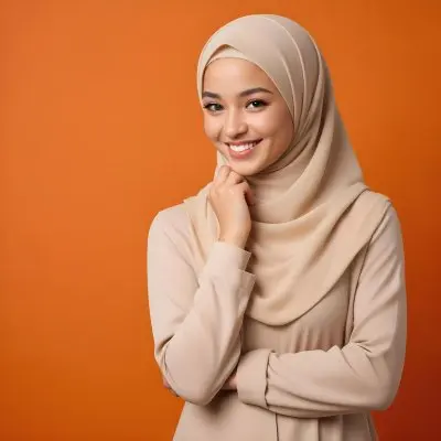 A Young Woman With Light Skin And Blonde Hair Wearing A Beige Hijab Smiling Against A Orange Background C5d4