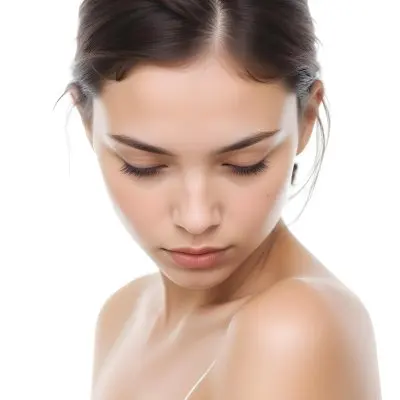 A Young Woman With Light Skin And Dark Brown Hair Approximately 25 Years Old She Has A Soft Expression With Her Head Slightly Tilted Down And Her Eyes Closed The Background Is Plain White Emphasizing Her Features 6 B77d