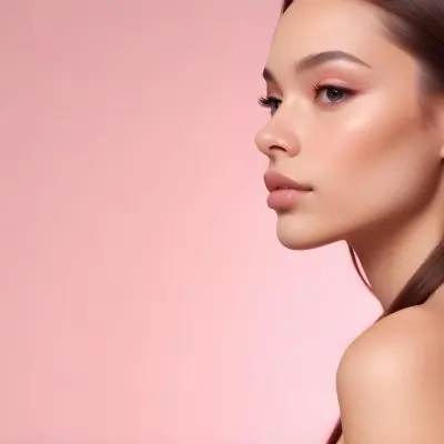 A Young Woman With Light Skin And Long Brown Hair Showcasing A Side Profile She Has Full Lips And Well Defined Cheekbones With Subtle Makeup Highlighting Her Features The Background Is A Soft Pink Gradient 22 Fcc6