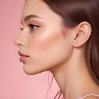 A Young Woman With Light Skin And Long Brown Hair Showcasing A Side Profile She Has Full Lips And Well Defined Cheekbones With Subtle Makeup Highlighting Her Features The Background Is A Soft Pink Gradient 7 Ccf4