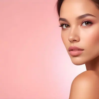 A Young Woman With Light Skin And Long Brown Hair Showcasing A Side Profile She Has Full Lips And Well Defined Cheekbones With Subtle Makeup Highlighting Her Features The Background Is A Soft Pink Gradient 8 638e