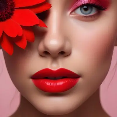 A Young Woman With Light Skin And Long Dark Hair Featuring Bold Makeup With Red Lips And Colorful Eyeshadow A Large Red Flower Partially Covers One Eye Set Against A Soft Pink Background 23 83b7