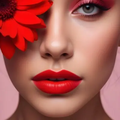 A Young Woman With Light Skin And Long Dark Hair Featuring Bold Makeup With Red Lips And Colorful Eyeshadow A Large Red Flower Partially Covers One Eye Set Against A Soft Pink Background 24 48d5