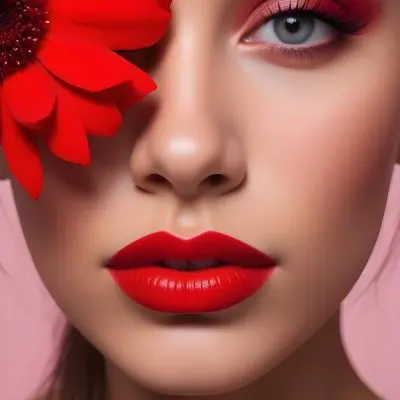 A Young Woman With Light Skin And Long Dark Hair Featuring Bold Makeup With Red Lips And Colorful Eyeshadow A Large Red Flower Partially Covers One Eye Set Against A Soft Pink Background 26 16c8