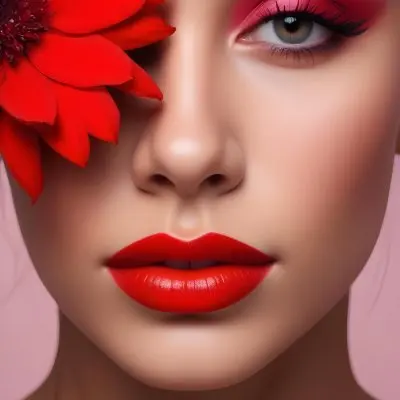 A Young Woman With Light Skin And Long Dark Hair Featuring Bold Makeup With Red Lips And Colorful Eyeshadow A Large Red Flower Partially Covers One Eye Set Against A Soft Pink Background 29 A180