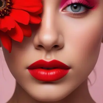 A Young Woman With Light Skin And Long Dark Hair Featuring Bold Makeup With Red Lips And Colorful Eyeshadow A Large Red Flower Partially Covers One Eye Set Against A Soft Pink Background 34 C8df