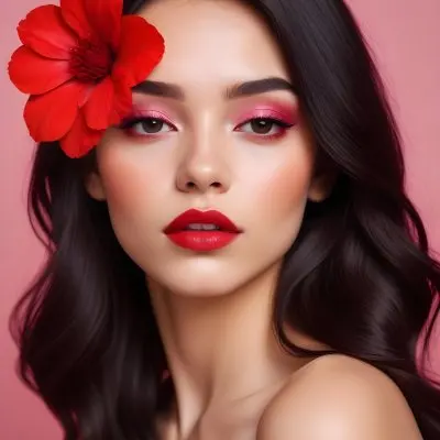 A Young Woman With Light Skin And Long Dark Hair Featuring Bold Makeup With Red Lips And Colorful Eyeshadow A Large Red Flower Partially Covers One Eye Set Against A Soft Pink Background 4 5643