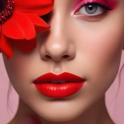 A Young Woman With Light Skin And Long Dark Hair Featuring Bold Makeup With Red Lips And Colorful Eyeshadow A Large Red Flower Partially Covers One Eye Set Against A Soft Pink Background 41 Ce36